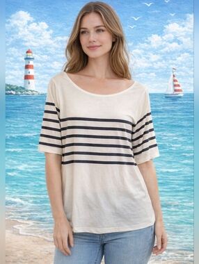 Womens Cream Striped Sleeve Top - Classic Breton Style. NWT . Sizes S &  L Avail